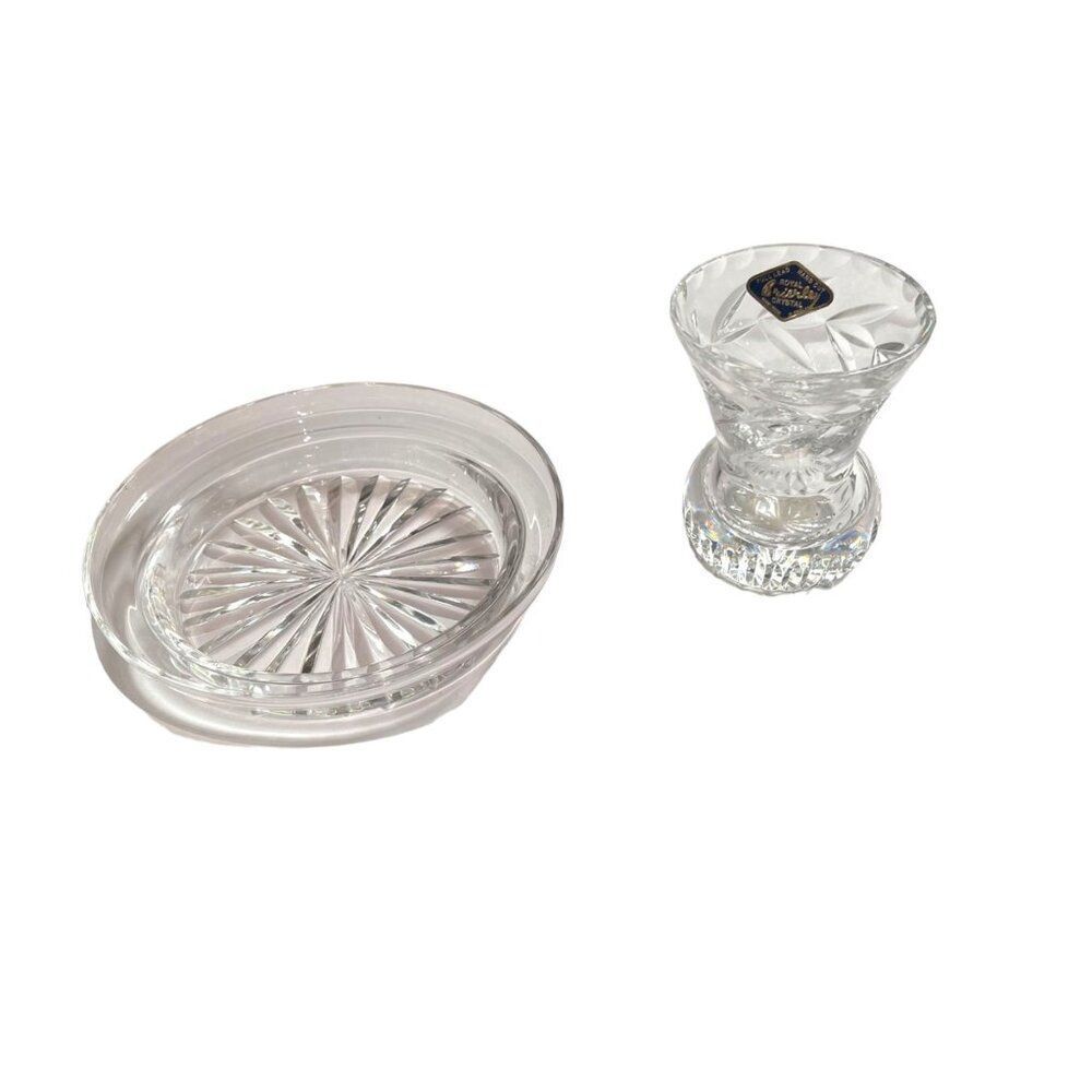 Waterford Wine Bottle Coaster and Brierly Crystal Bud Vase Lot of 2 Vintage Set